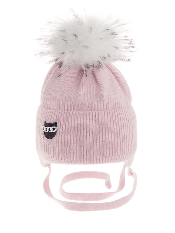 Шапка для девочки Ниточка, Миалт светло-пудровый, зима - Шапки с меховым помпоном