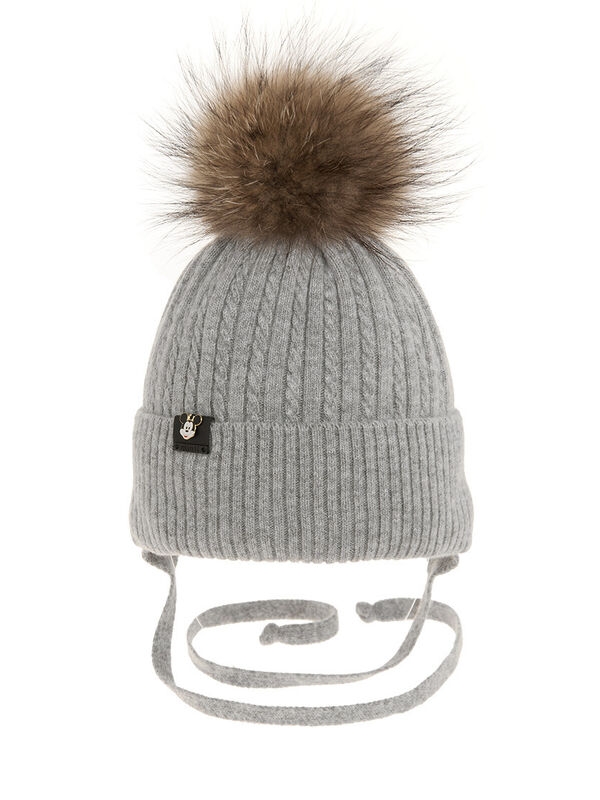 Шапка для мальчика Пончик, Миалт светло-серый, зима - Шапки с меховым помпоном