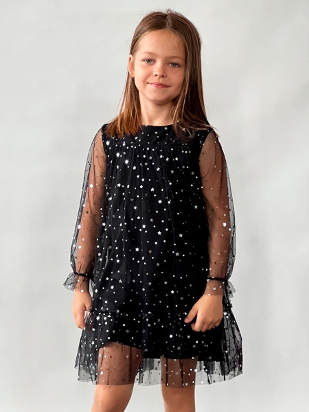 Платье для девочки нарядное БУШОН ST53, цвет черный блестки/звезды - Платья коктельные / вечерние
