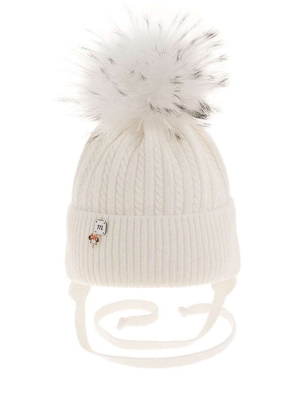 Шапка для девочки Рулетик, Миалт белый, зима - Шапки с меховым помпоном