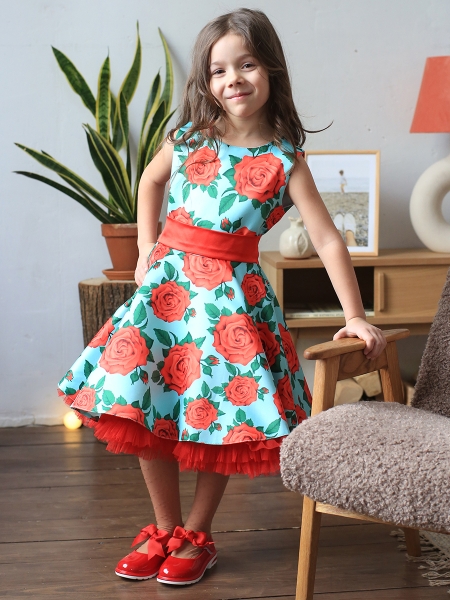 Платье для девочки нарядное БУШОН ST30, стиляги цвет бирюзовый/красный, принт цветы - Платья СТИЛЯГИ