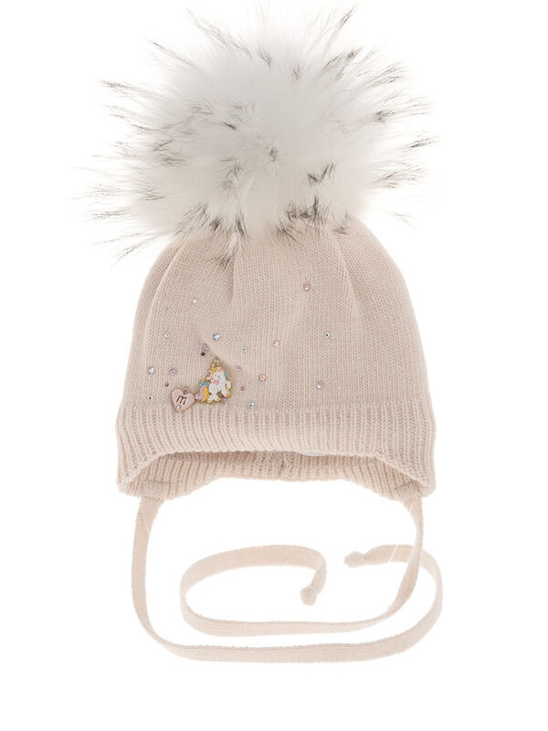 Шапка для девочки Стеша, Миалт светло-бежевый, зима - Шапки с меховым помпоном