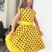 Платье для девочки нарядное БУШОН ST10, стиляги цвет желтый, желтый пояс, принт синий горошек