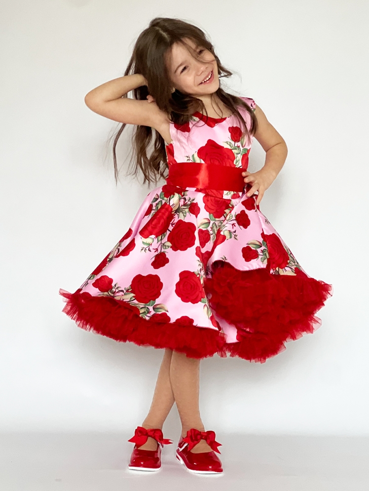 Платье для девочки нарядное БУШОН ST30, стиляги цвет красный/розовый пояс красный, принт цветы - Платья СТИЛЯГИ