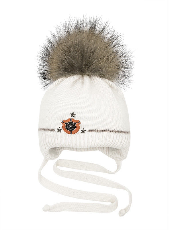 Шапка для мальчика Каспер, Миалт белый - С меховым помпоном