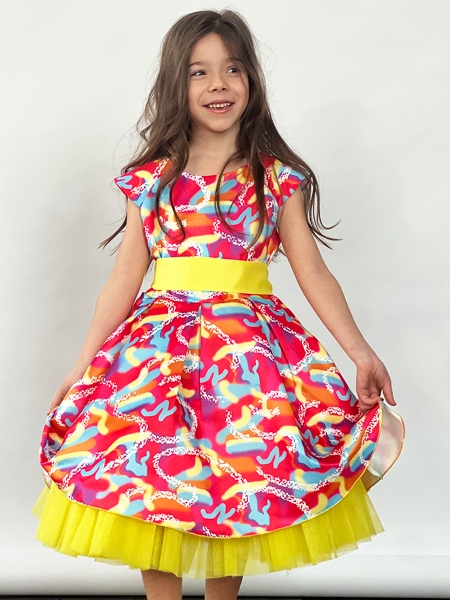 Платье для девочки нарядное БУШОН ST37, стиляги цвет желтый/малиновый/голубой - Платья СТИЛЯГИ