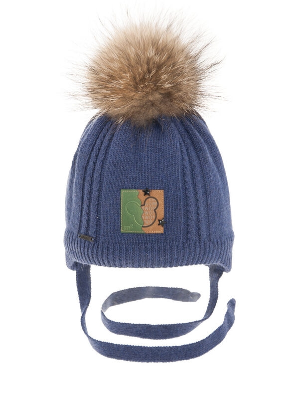 Шапка для мальчика Гарри, Миалт синий/меланж, зима - С меховым помпоном