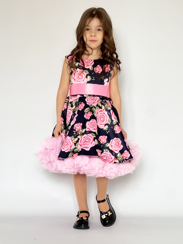 Платье для девочки нарядное БУШОН ST30, стиляги цвет темно-синий/розовый пояс розовый, принт цветы - Платья СТИЛЯГИ