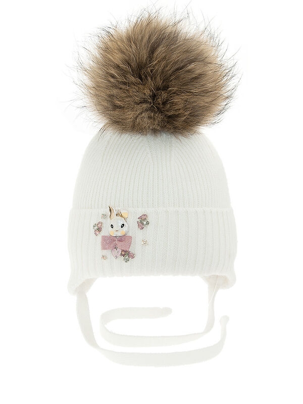 Шапка для девочки Бубенчик, Миалт белый, зима - Шапки с меховым помпоном