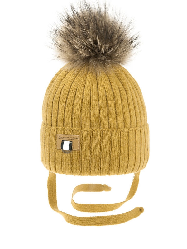 Шапка для мальчика Грань, Миалт горчичный, зима - С меховым помпоном