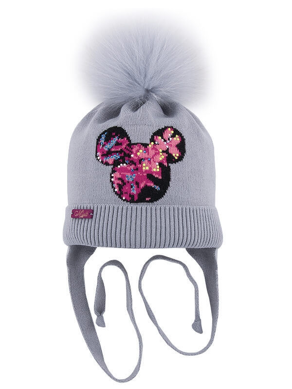 Шапка для девочки Mouse, Миалт серый/меланж, зима - Шапки с меховым помпоном