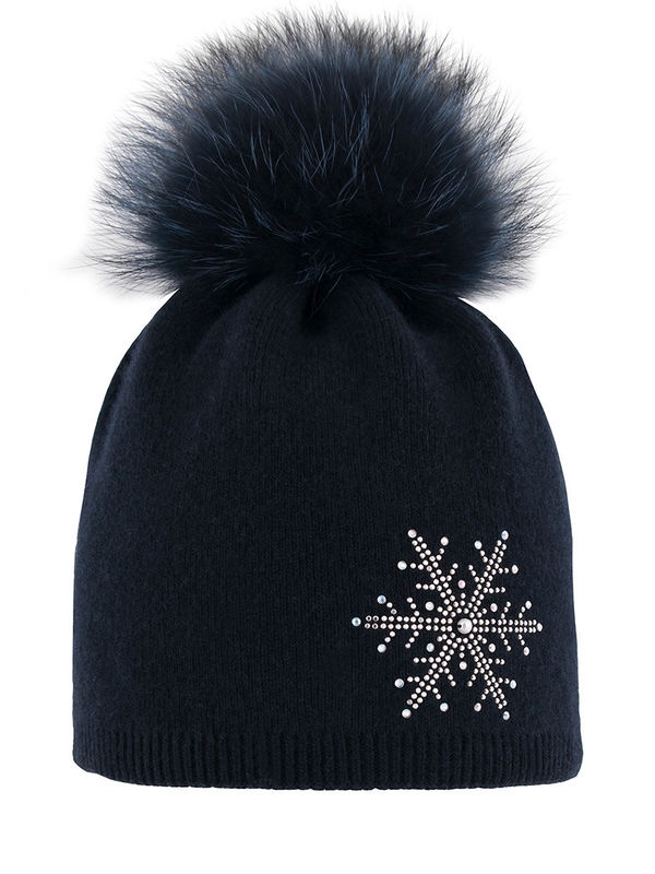 Шапка для девочки Милан, Миалт темно-синий, зима  - Шапки с меховым помпоном