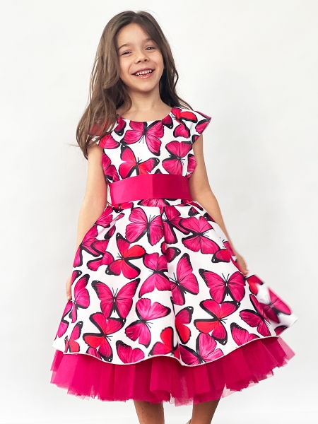 Платье для девочки нарядное БУШОН ST37, стиляги цвет малиновый/белый принт бабочки - Платья СТИЛЯГИ