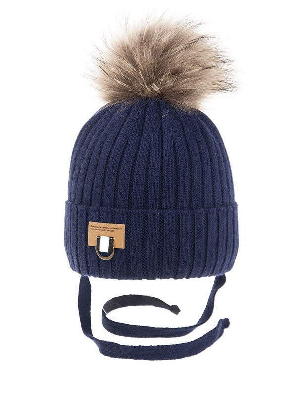 Шапка для мальчика Грань, Миалт синий, зима - С меховым помпоном