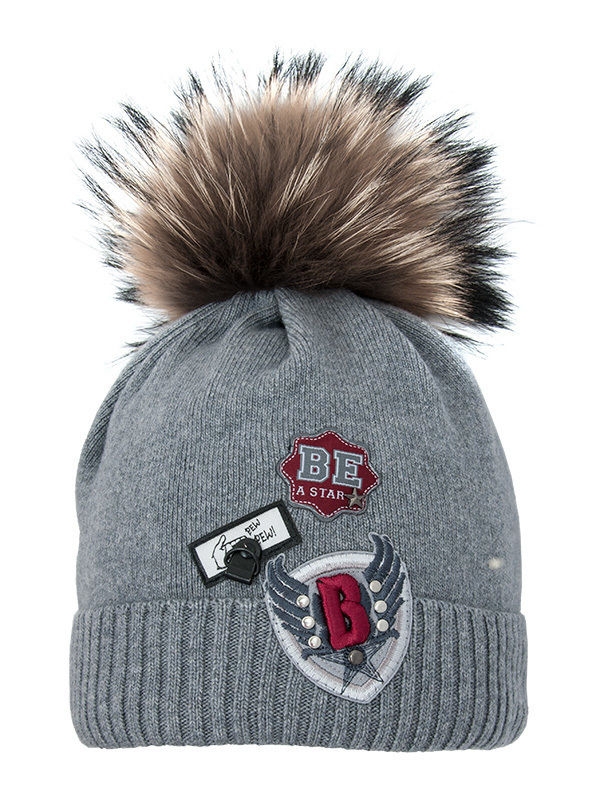 Шапка для мальчика Тайфун, Миалт серый, зима - С меховым помпоном