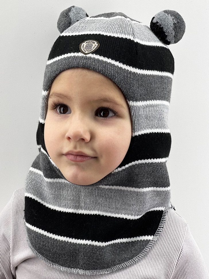 Шапка-шлем зима, скб черный+св.серый+серый помпон - Шлемы осень-зима