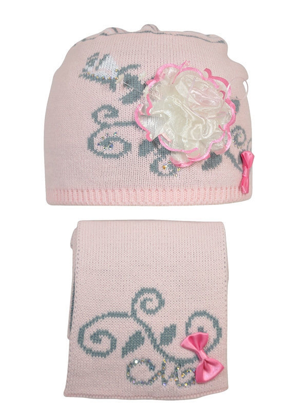 Комплект для девочки Весенний вальс, Миалт бледно-розовый/серый - Комплект: шапочки и шарф
