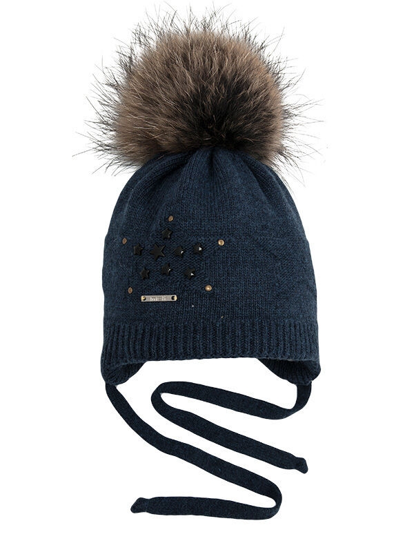Шапка для мальчика Платоша, Миалт синий/меланж, зима - С меховым помпоном