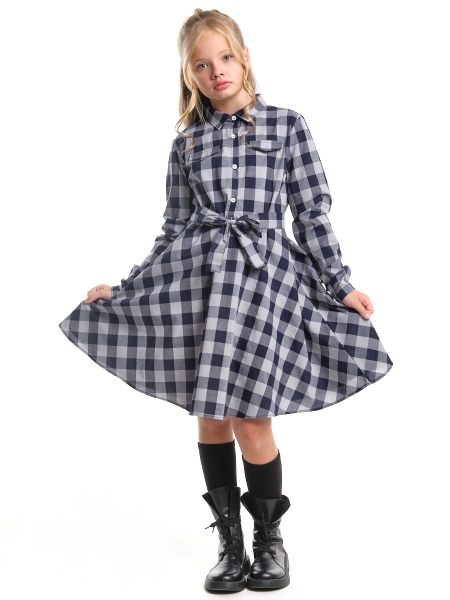 Платье для девочек Mini Maxi, модель 7774, цвет серый/синий/клетка - Платья для девочек с длинным рукавом