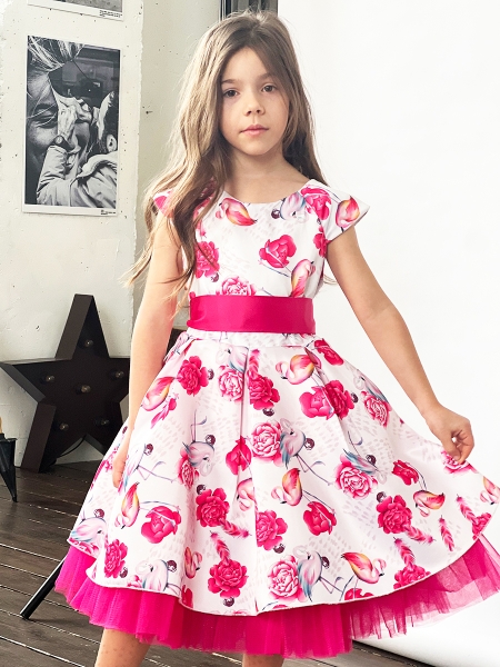 Платье для девочки нарядное БУШОН ST37, стиляги цвет белый/розовый принт фламинго - Платья СТИЛЯГИ