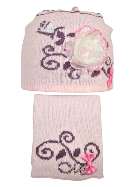 Комплект для девочки Весенний вальс, Миалт бледно-розовый/темно-фиолетовый - Комплект: шапочки и шарф