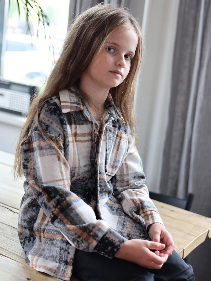 Рубашка для девочки БУШОН SR712, цвет бежевый/серый - Рубашки для девочек