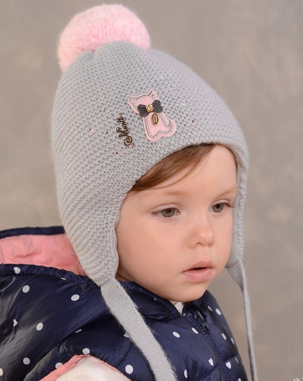 Шапка для девочки Плюшка, Миалт серый, зима - Шапочки на завязках