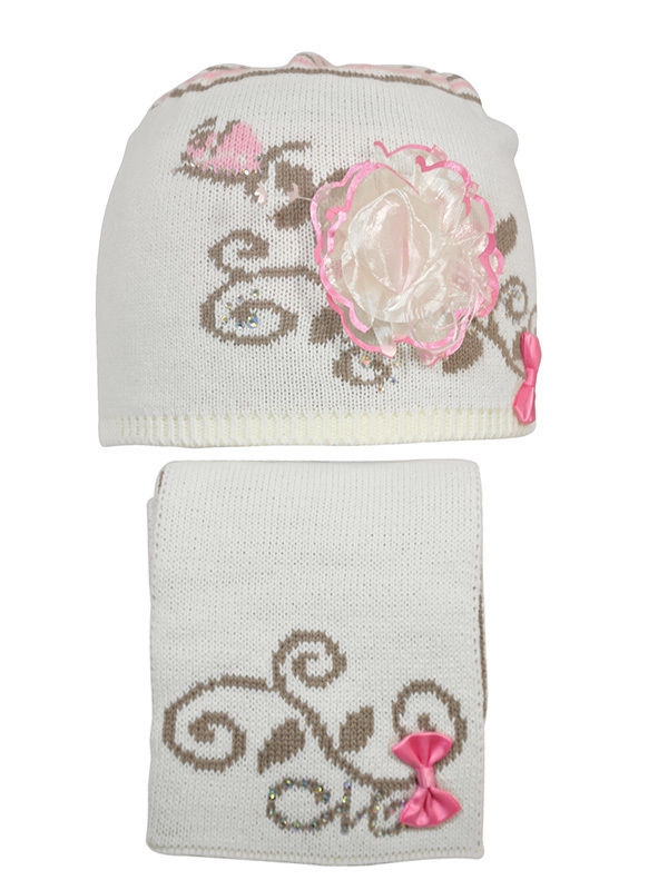 Комплект для девочки Весенний вальс, Миалт белый/капучино - Комплект: шапочки и шарф