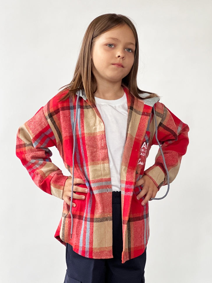 Рубашка для девочки с капюшоном байка БУШОН, цвет фуксия/бежевый клетка - Рубашки для девочек