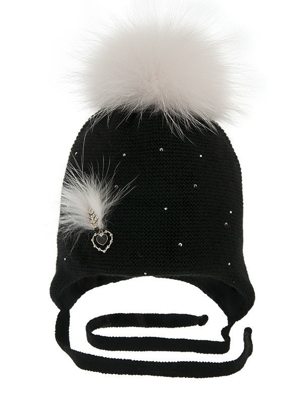 Шапка для девочки Ворсинка, Миалт черный, зима - Шапки с меховым помпоном