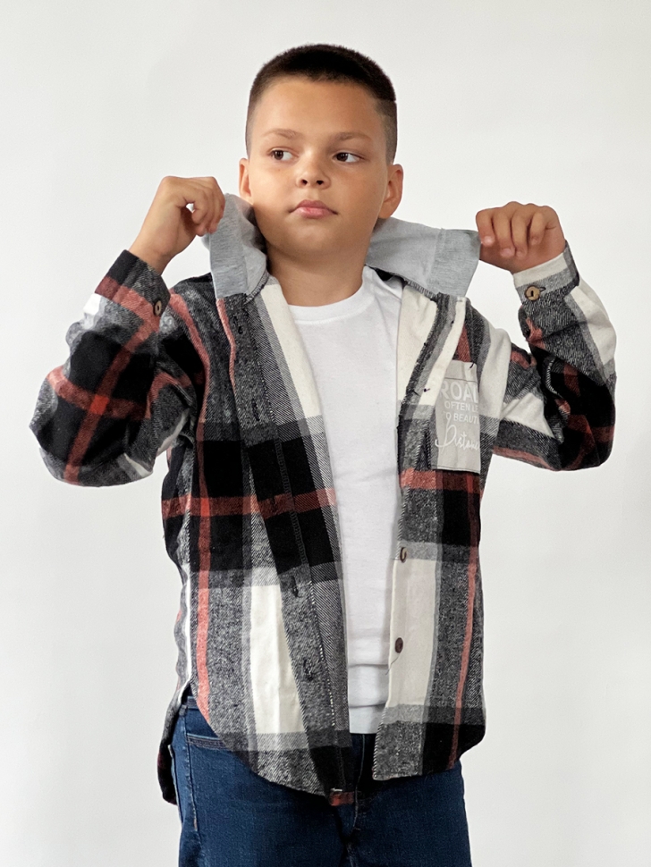 Рубашка для мальчика с капюшоном байковая БУШОН, цвет черный/серый/белый клетка - Рубашки с длинным рукавом