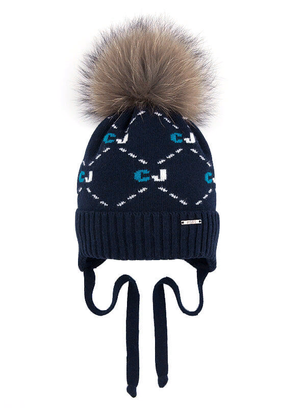 Шапка для мальчика CJ, Миалт темно-синий/морской - С меховым помпоном