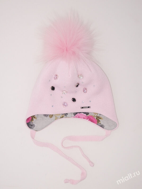Шапка для девочки Bon-bon, Миалт бледно-розовый, зима - Шапки с меховым помпоном