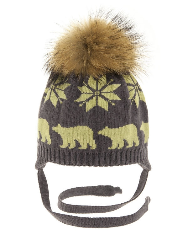 Шапка для мальчика На север, Миалт темное/какао/желтый, зима - С меховым помпоном