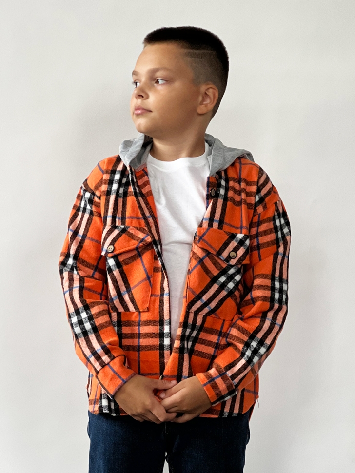 Рубашка для мальчика с капюшоном байковая БУШОН, цвет оранжевый клетка - Рубашки с длинным рукавом