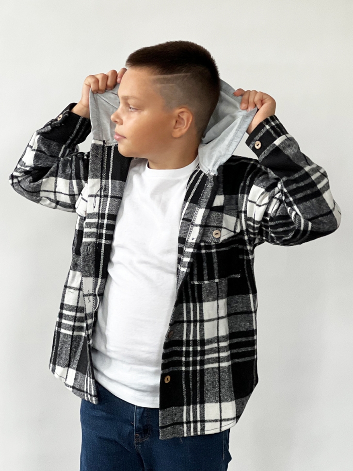 Рубашка для мальчика с капюшоном байковая БУШОН, цвет черный/серый/белый клетка - Рубашки с длинным рукавом