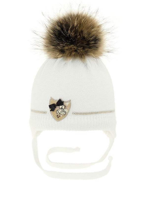 Шапка для девочки Няма, Миалт белый, зима - Шапки с меховым помпоном
