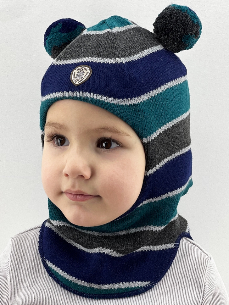 Шапка-шлем зима, скб т.синий+изумруд+т.серый помпоны - Шлемы осень-зима