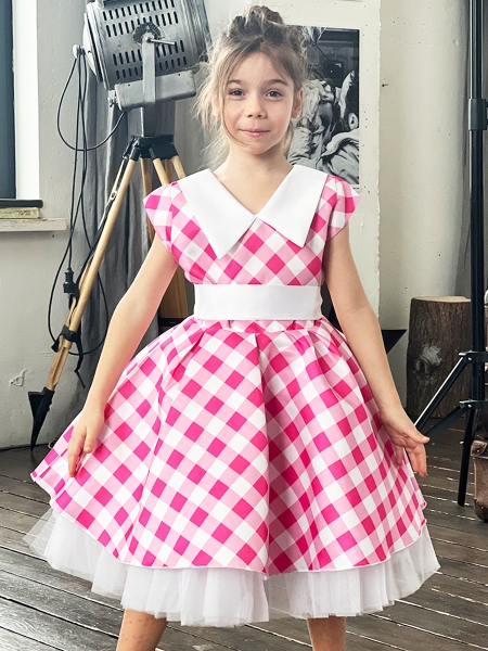 Платье для девочки нарядное БУШОН ST20, стиляги цвет светло-розовый, принт белый клетка - Платья СТИЛЯГИ