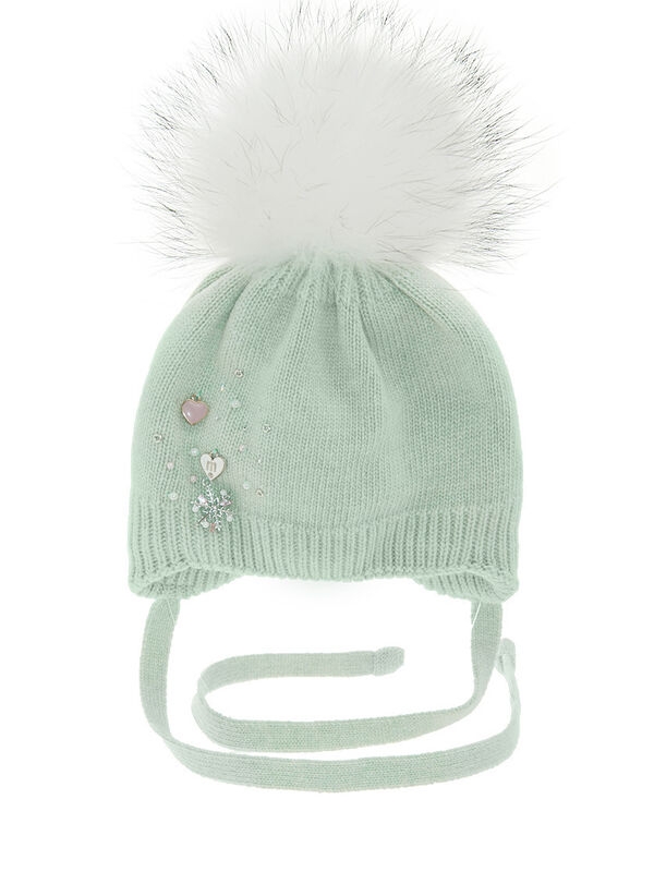 Шапка для девочки Сказка, Миалт светло-оливковый, зима - Шапки с меховым помпоном