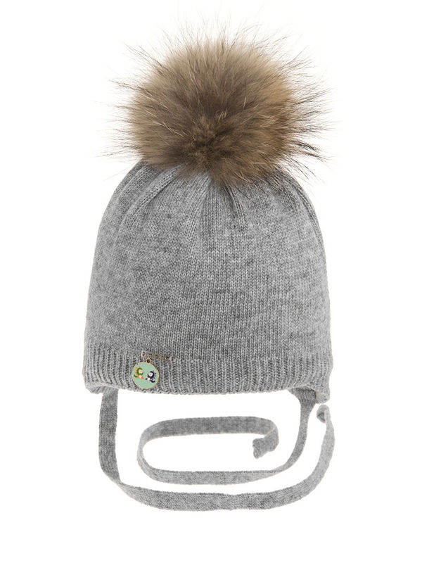 Шапка для мальчика Дракоши, Миалт светло-серый/меланж, зима - С меховым помпоном