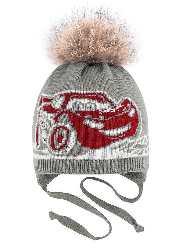 Шапка для мальчика Тачка, Миалт темно-серый/красный, зима - С меховым помпоном