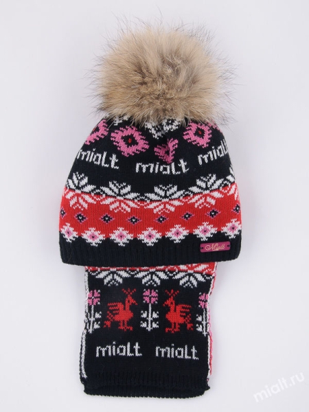 Комплект для девочки Птица счастья, Миалт черный/красный, зима - Комплекты: шапка и шарф