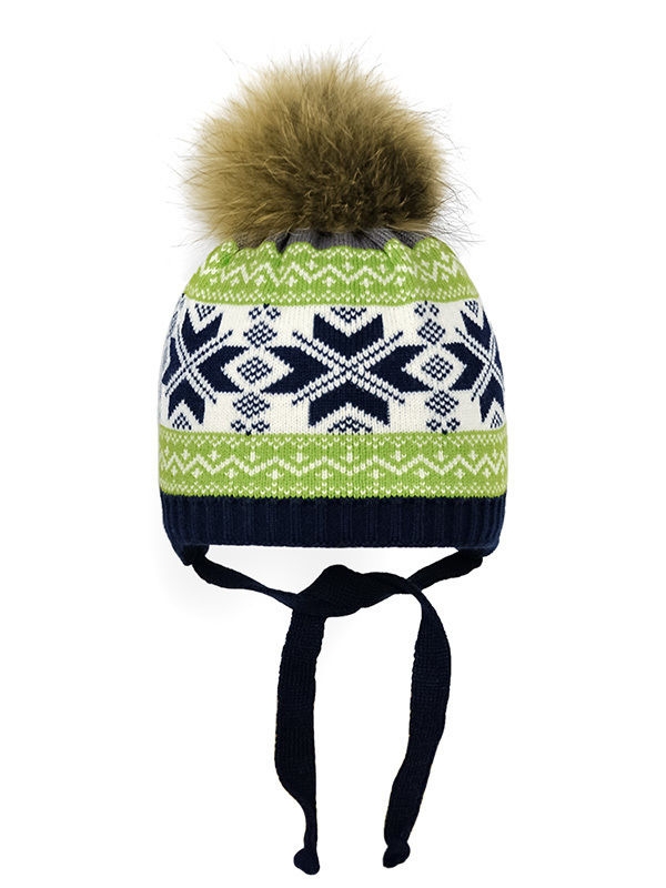 Шапка для мальчика Андорра kids, Миалт темно-синий/оливковый, зима - С меховым помпоном