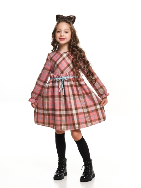 Платье для девочек Mini Maxi, модель 7351, цвет розовый/клетка - Платья для девочек с длинным рукавом