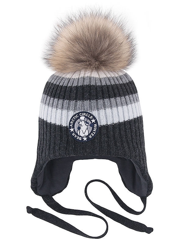 Шапка для мальчика Заполярье, Миалт темно-серый/бледно-голубой - С меховым помпоном