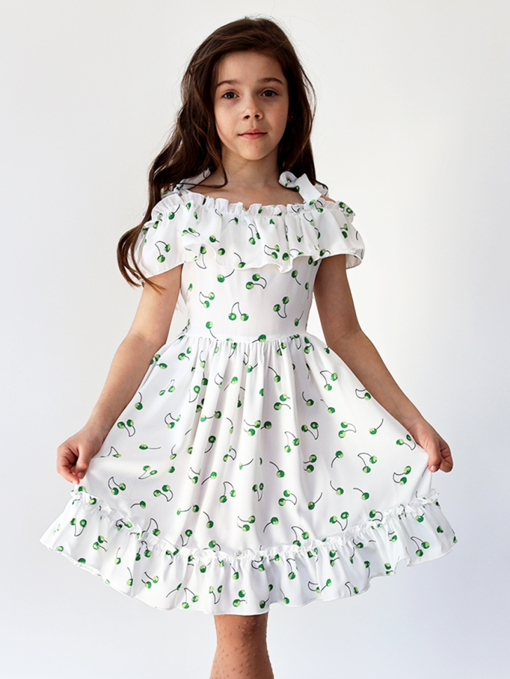 Платье для девочки вискоза БУШОН ST65, цвет белый/зеленая вишня - Платья коктельные / вечерние