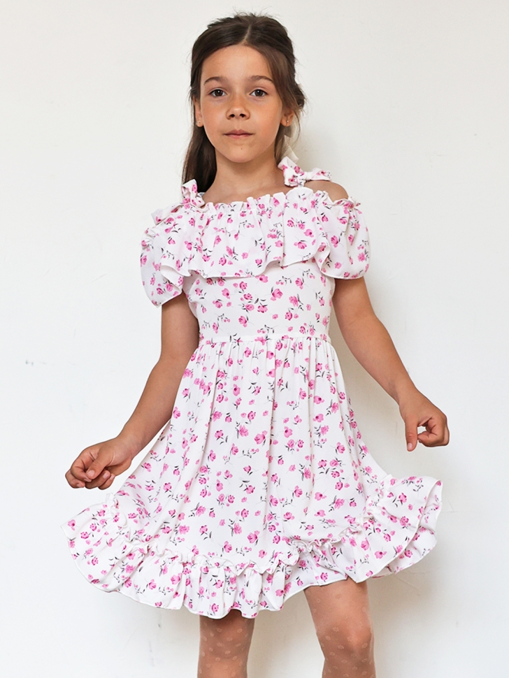 Платье для девочки вискоза БУШОН ST65, цвет белый/розовый цветы - Платья коктельные / вечерние