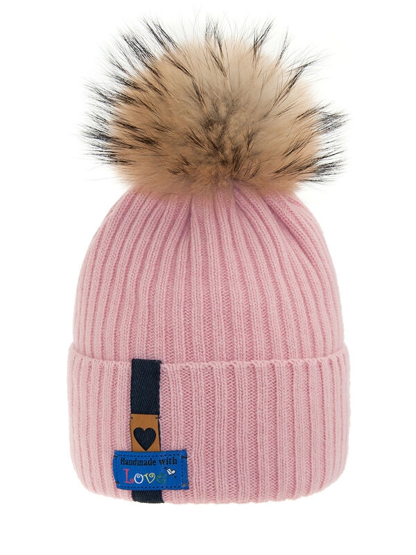 Шапка для девочки Бренд, Миалт розовый, зима - Шапки с меховым помпоном