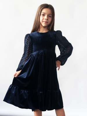 Платье велюровое нарядное БУШОН ST63, цвет темно-синий рукав